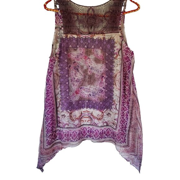 One World Boho Top Womens Sz M Asymmetric Hem Crochet Lace Flowy Fairy Festival - Picture 2 of 13